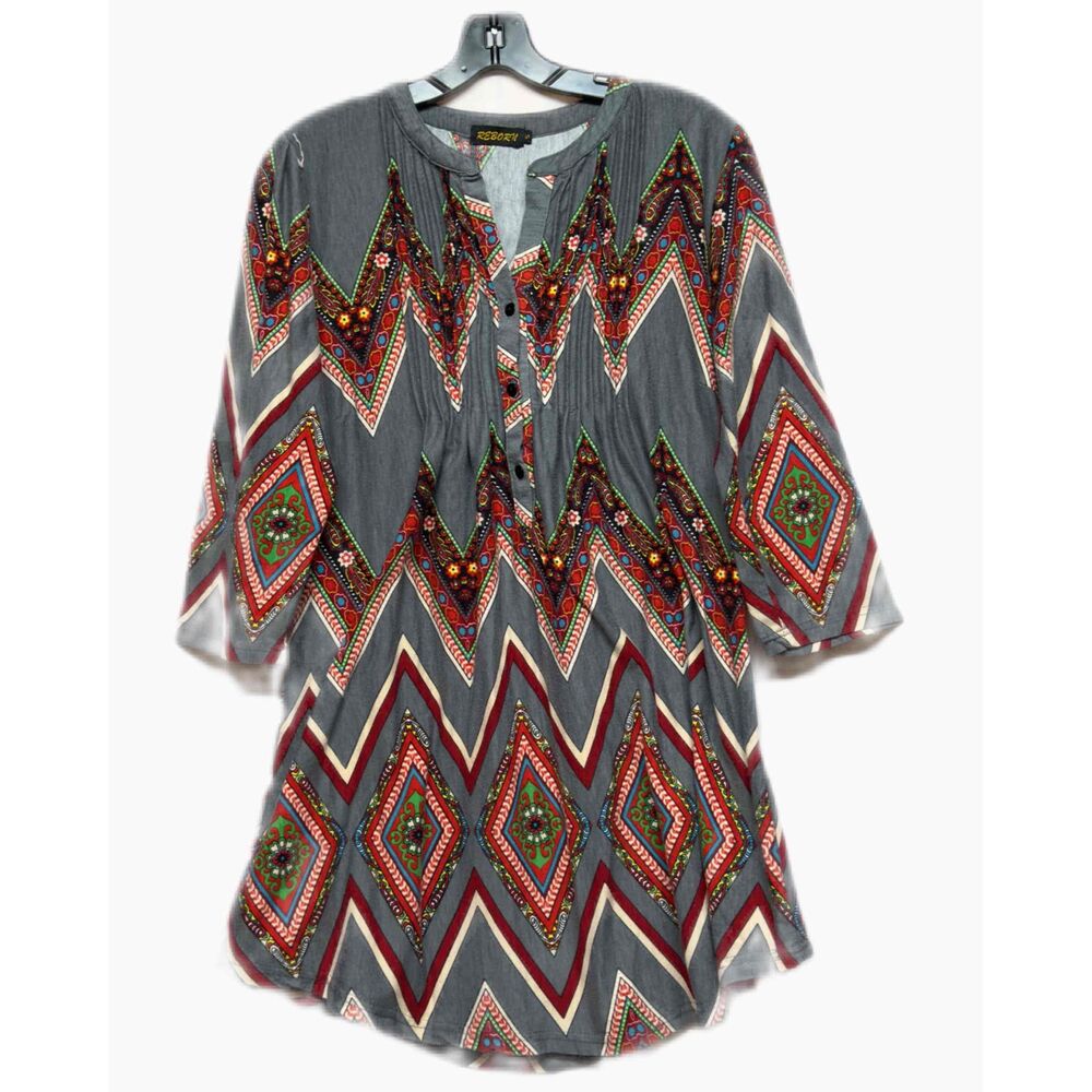 Reborn Size Small Womens Gray Red Printed 3 4 Sleeve Buttoned Bohemian Blouse